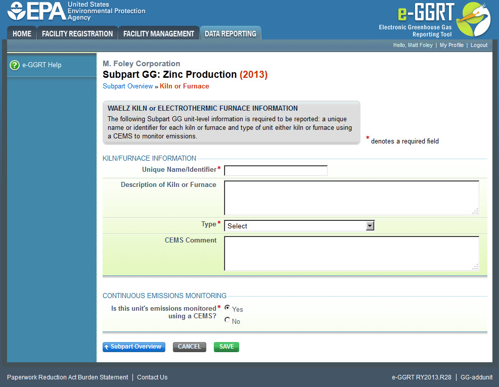 Subpart GG: Kiln/Furnace Information 